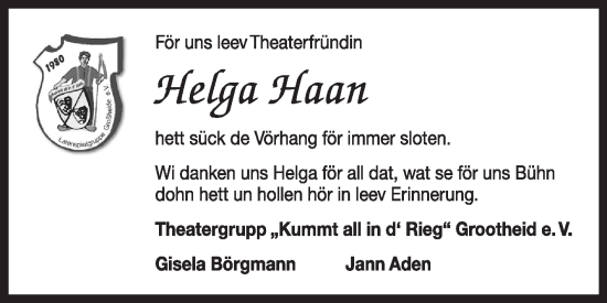 Traueranzeige von Helga Haan von Ostfriesischer Kurier