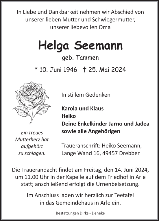 Traueranzeige von Helga Seemann von Ostfriesischer Kurier