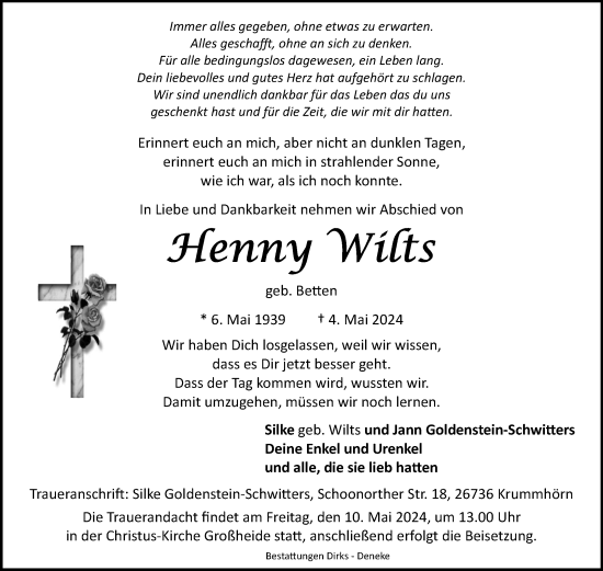 Traueranzeige von Henny Wilts von Ostfriesischer Kurier