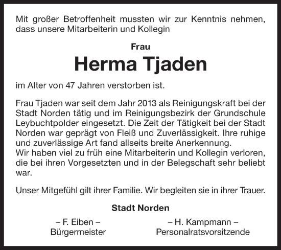 Traueranzeige von Herma Tjaden von Ostfriesischer Kurier