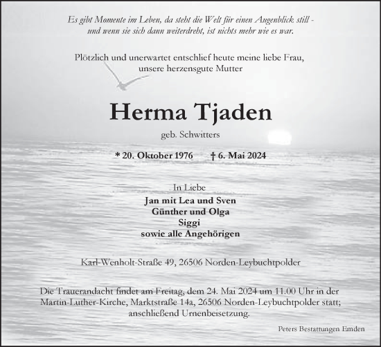 Traueranzeige von Herma Tjaden von Ostfriesischer Kurier
