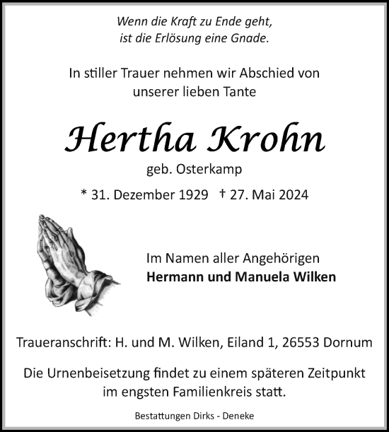 Traueranzeige von Hertha Krohn von Ostfriesischer Kurier