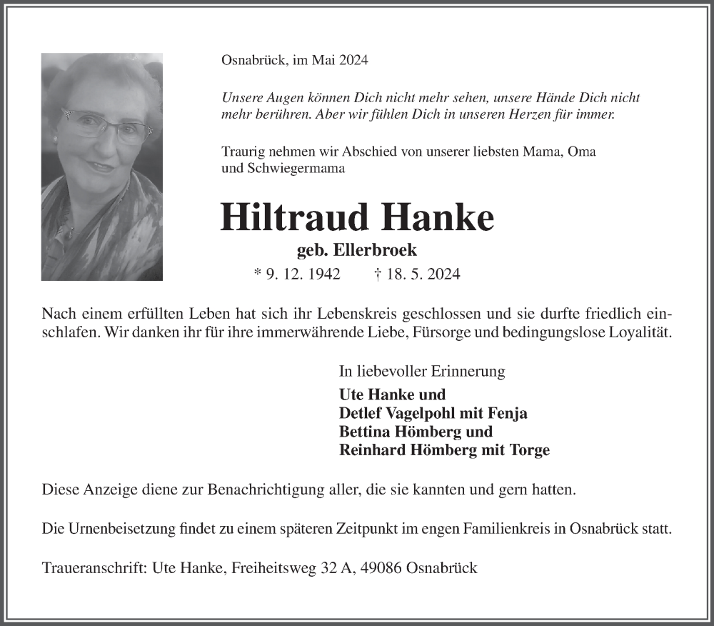  Traueranzeige für Hiltraud Hanke vom 22.05.2024 aus Ostfriesischer Kurier