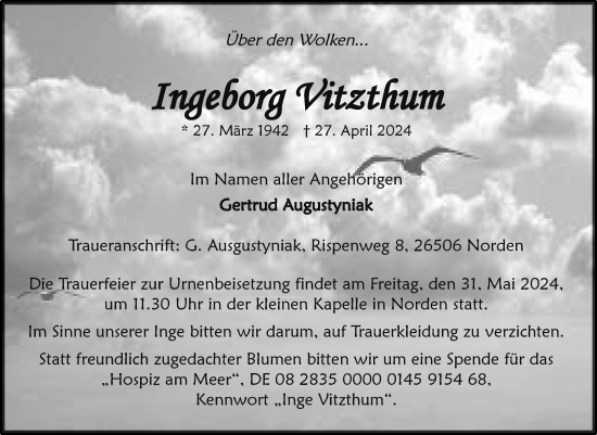 Traueranzeige von Ingeborg Vitzthum von Ostfriesischer Kurier