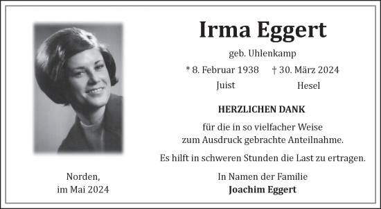 Traueranzeige von Irma Eggert von Ostfriesischer Kurier