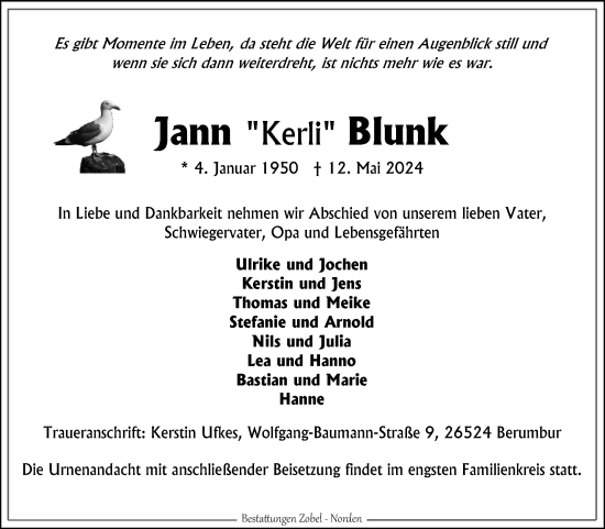 Traueranzeige von Jann Blunk von Ostfriesischer Kurier