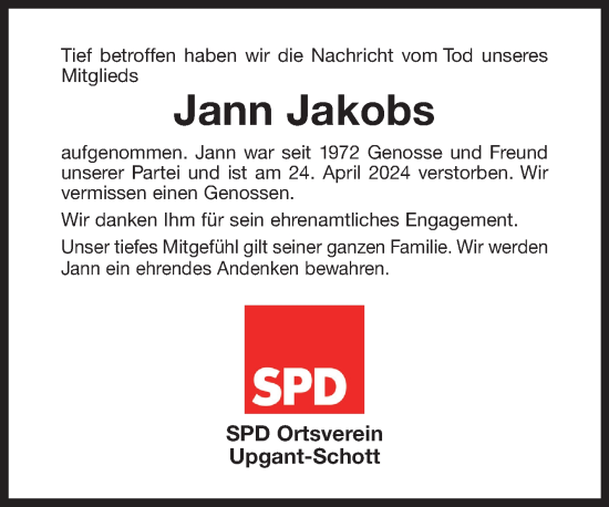 Traueranzeige von Jann Jakobs von Ostfriesischer Kurier