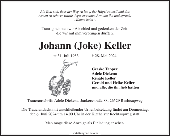 Traueranzeige von Johann Keller von Ostfriesischer Kurier