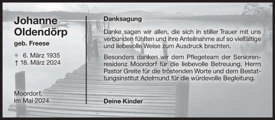 Traueranzeige von Johanne Oldendörp von Ostfriesischer Kurier
