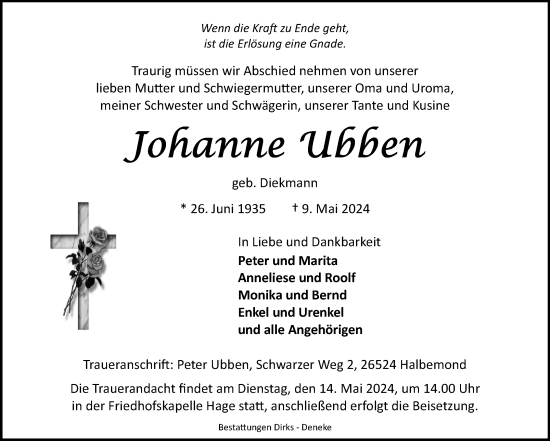 Traueranzeige von Johanne Ubben von Ostfriesischer Kurier