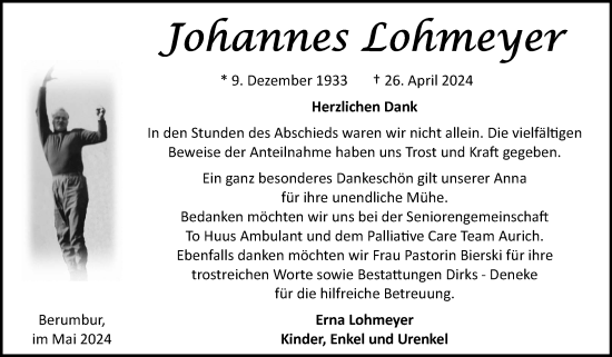 Traueranzeige von Johannes Lohmeyer von Ostfriesischer Kurier