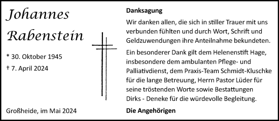 Traueranzeige von Johannes Rabenstein von Ostfriesischer Kurier