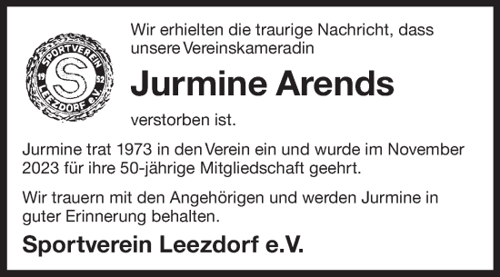 Traueranzeige von Jurmine Arends von Ostfriesischer Kurier