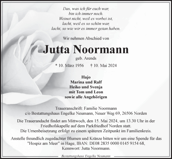 Traueranzeige von Jutta Noormann von Ostfriesischer Kurier