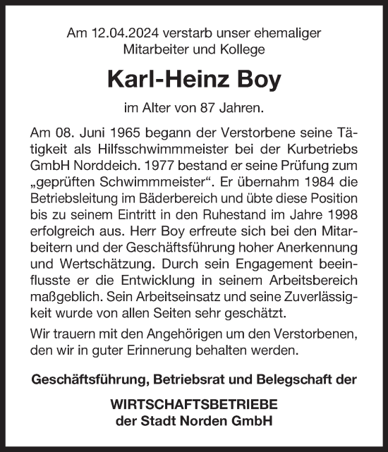 Traueranzeige von Karl-Heinz Boy von Ostfriesischer Kurier