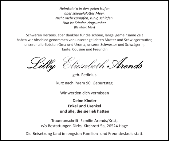 Traueranzeige von Lilly Elisabeth Arends von Ostfriesischer Kurier