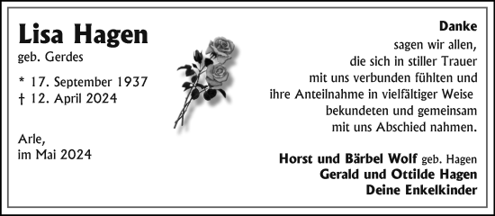 Traueranzeige von Lisa Hagen von Ostfriesischer Kurier