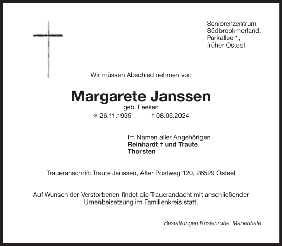 Traueranzeige von Margarete Janssen von Ostfriesischer Kurier