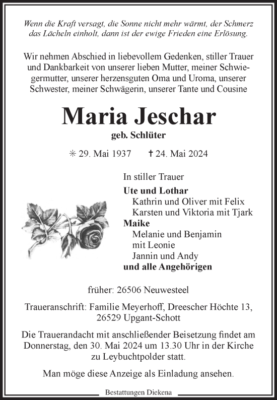 Traueranzeige von Maria Jeschar von Ostfriesischer Kurier