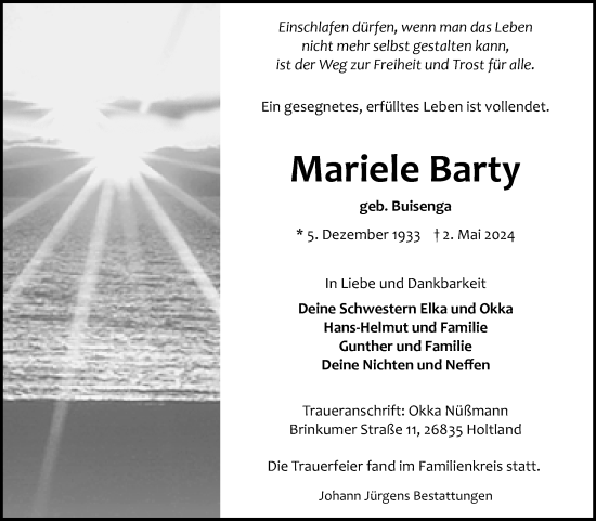 Traueranzeige von Mariele Barty von Ostfriesischer Kurier
