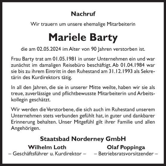 Traueranzeige von Mariele Barty von Ostfriesischer Kurier