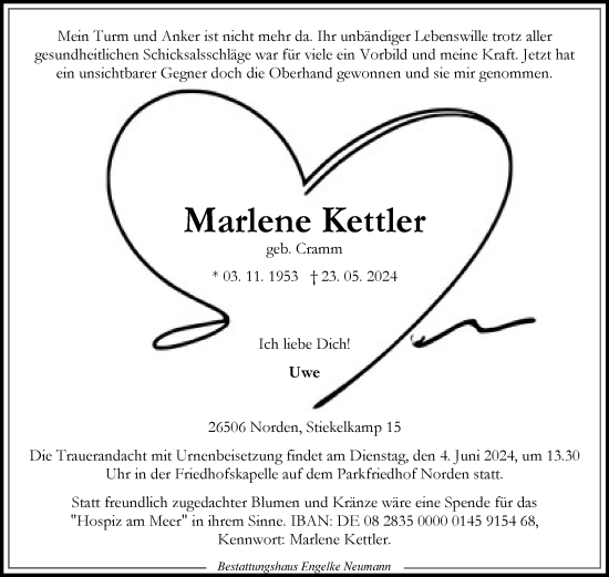 Traueranzeige von Marlene Kettler von Ostfriesischer Kurier