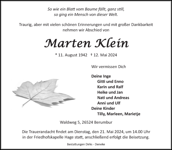 Traueranzeige von Marten Klein von Ostfriesischer Kurier