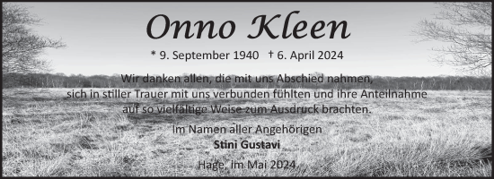 Traueranzeige von Onno Kleen von Ostfriesischer Kurier