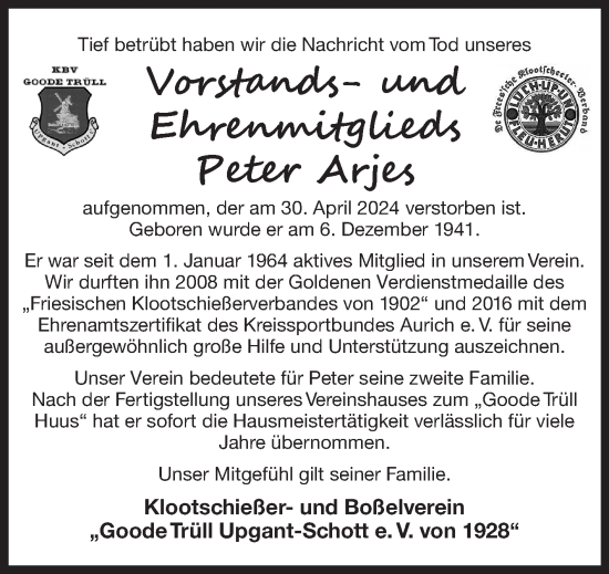 Traueranzeige von Peter Arjes von Ostfriesischer Kurier