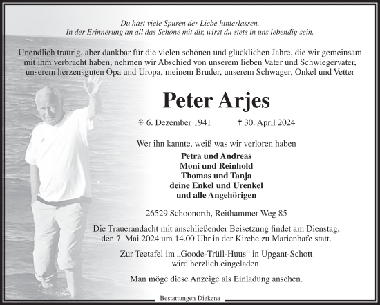 Traueranzeige von Peter Arjes von Ostfriesischer Kurier