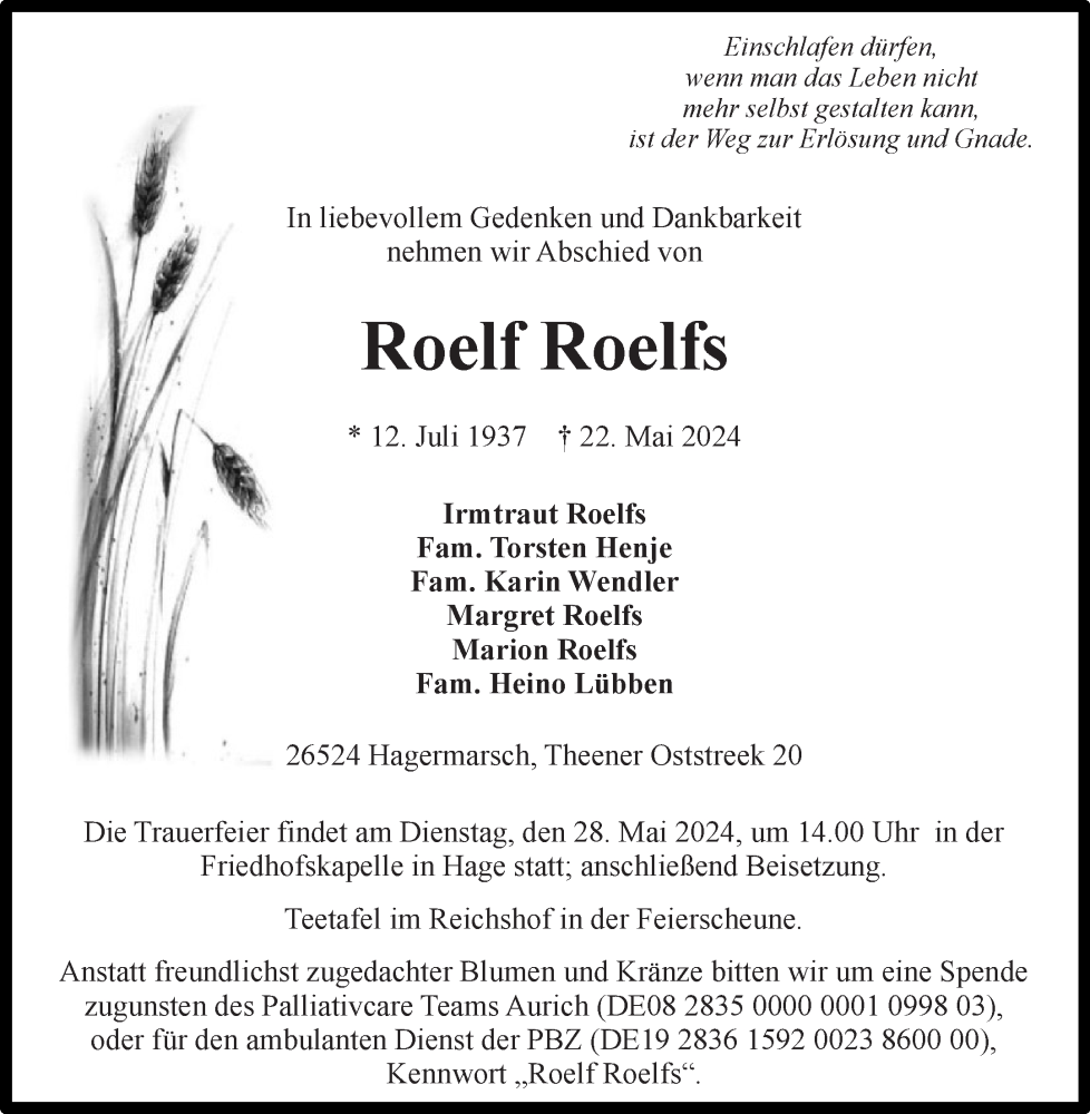  Traueranzeige für Roelf Roelfs vom 25.05.2024 aus Ostfriesischer Kurier