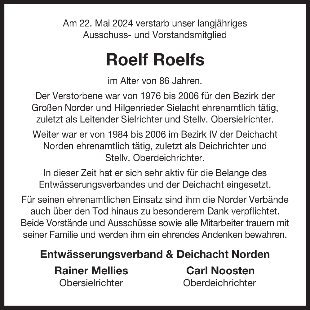  Traueranzeige für Roelf Roelfs vom 28.05.2024 aus Ostfriesischer Kurier