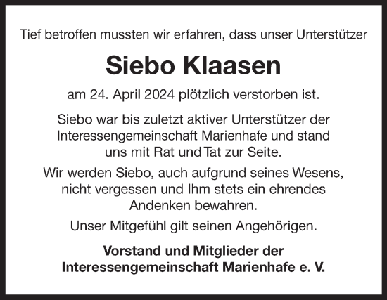 Traueranzeige von Siebo Klaasen von Ostfriesischer Kurier