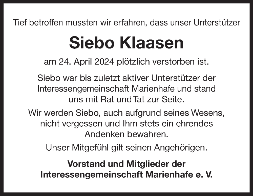  Traueranzeige für Siebo Klaasen vom 03.05.2024 aus Ostfriesischer Kurier
