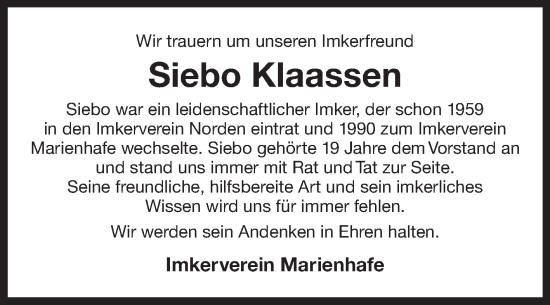 Traueranzeige von Siebo Klaassen von Ostfriesischer Kurier