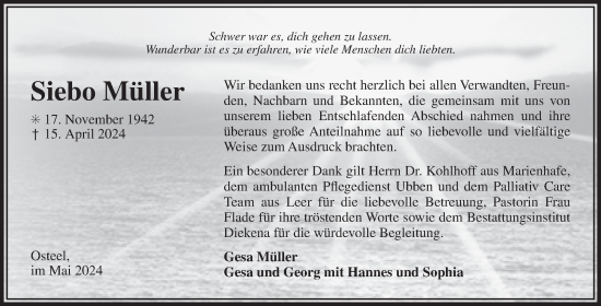 Traueranzeige von Siebo Müller von Ostfriesischer Kurier