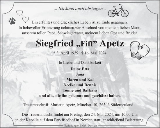 Traueranzeige von Siegfried Apetz von Ostfriesischer Kurier