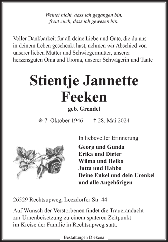 Traueranzeige von Stientje Jannette Feeken von Ostfriesischer Kurier