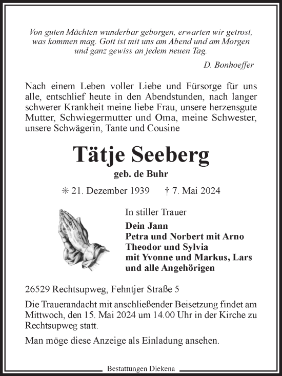 Traueranzeige von Tätje Seeberg von Ostfriesischer Kurier