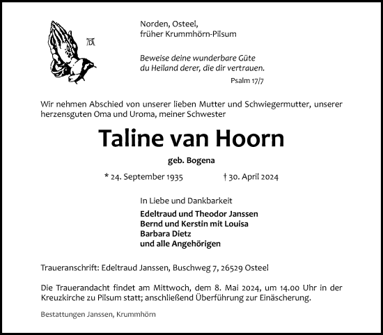 Traueranzeige von Taline van Hoorn von Ostfriesischer Kurier