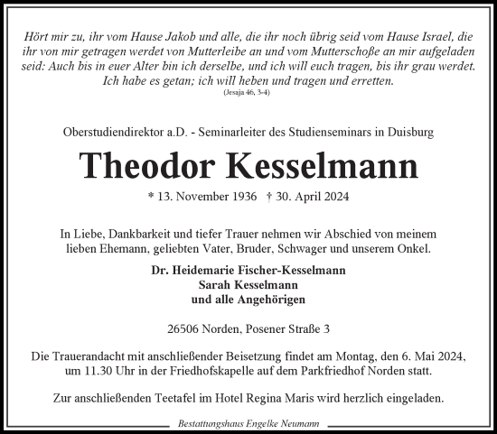 Traueranzeige von Theodor Kesselmann von Ostfriesischer Kurier