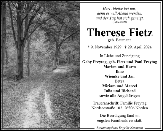 Traueranzeige von Therese Fietz von Ostfriesischer Kurier