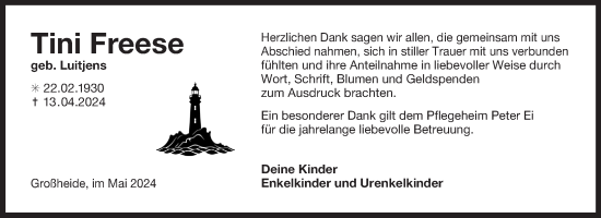 Traueranzeige von Tini Freese von Ostfriesischer Kurier