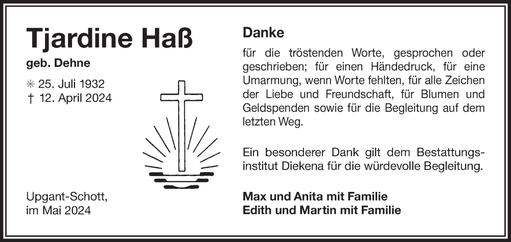  Traueranzeige für Tjardine Haß vom 11.05.2024 aus Ostfriesischer Kurier