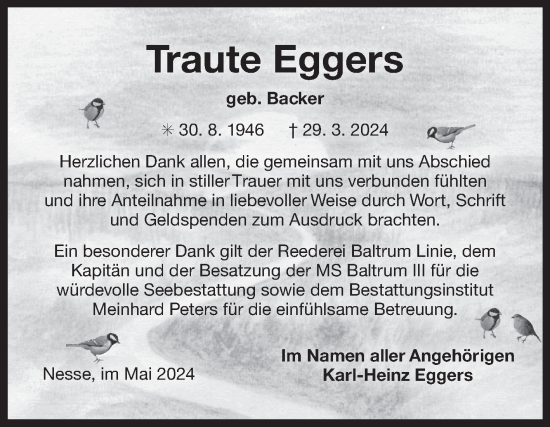 Traueranzeige von Traute Eggers von Ostfriesischer Kurier