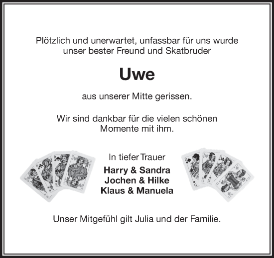 Traueranzeige von Uwe  von Ostfriesischer Kurier
