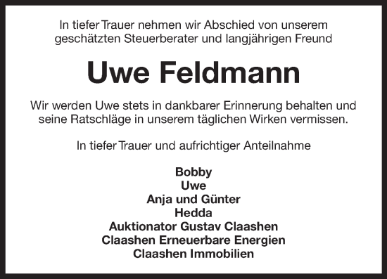 Traueranzeige von Uwe Feldmann von Ostfriesischer Kurier
