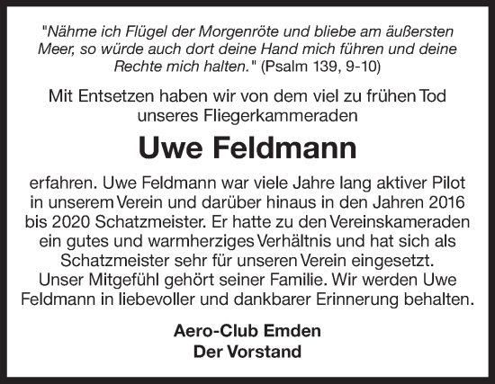 Traueranzeige von Uwe Feldmann von Ostfriesischer Kurier