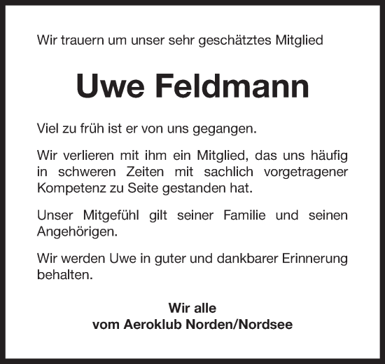 Traueranzeige von Uwe Feldmann von Ostfriesischer Kurier