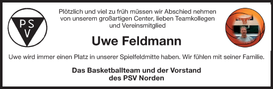 Traueranzeige von Uwe Feldmann von Ostfriesischer Kurier